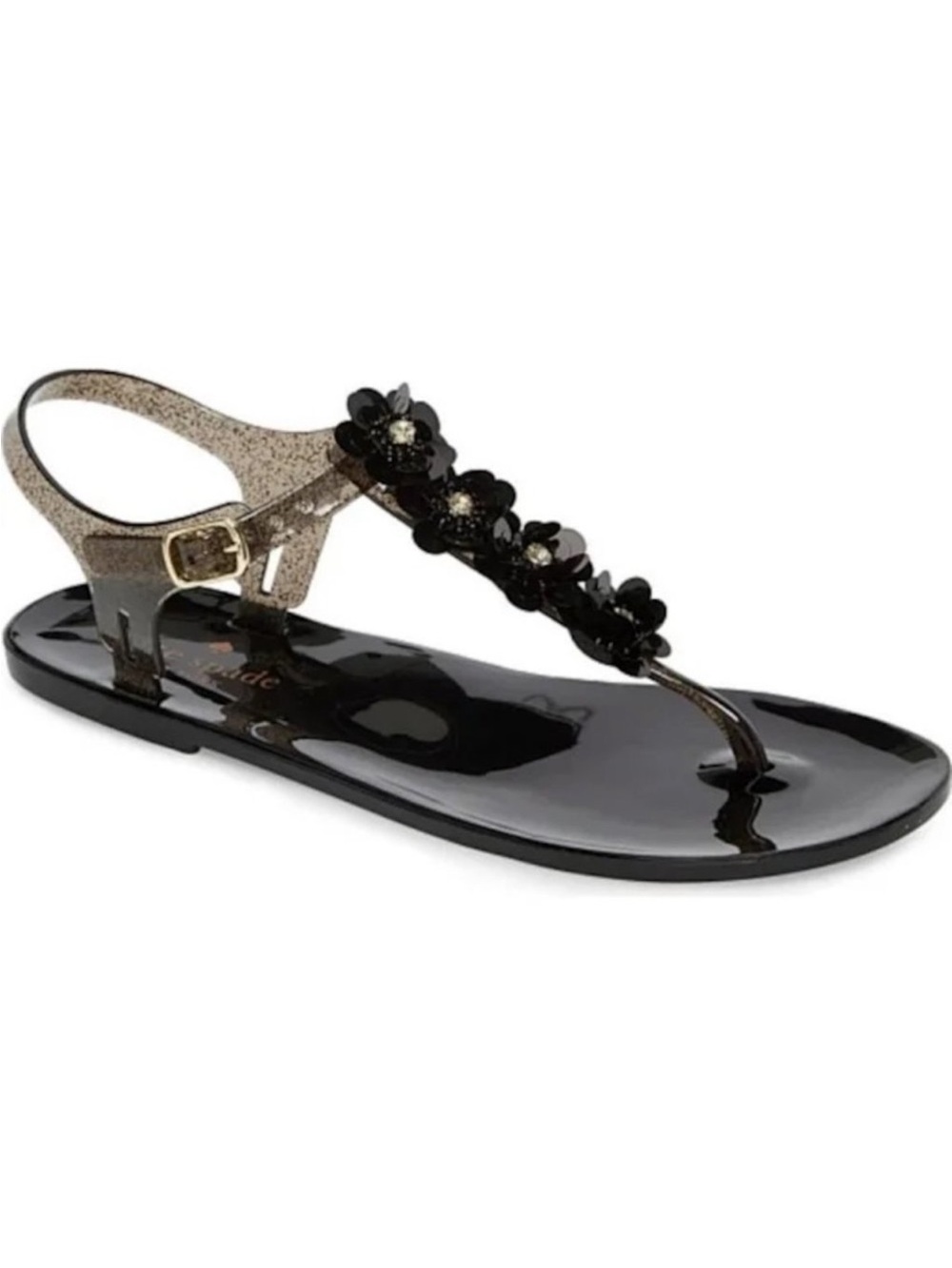 kate spade Black Floral T-Strap Jelly Sandals with Gold Glitter Heel